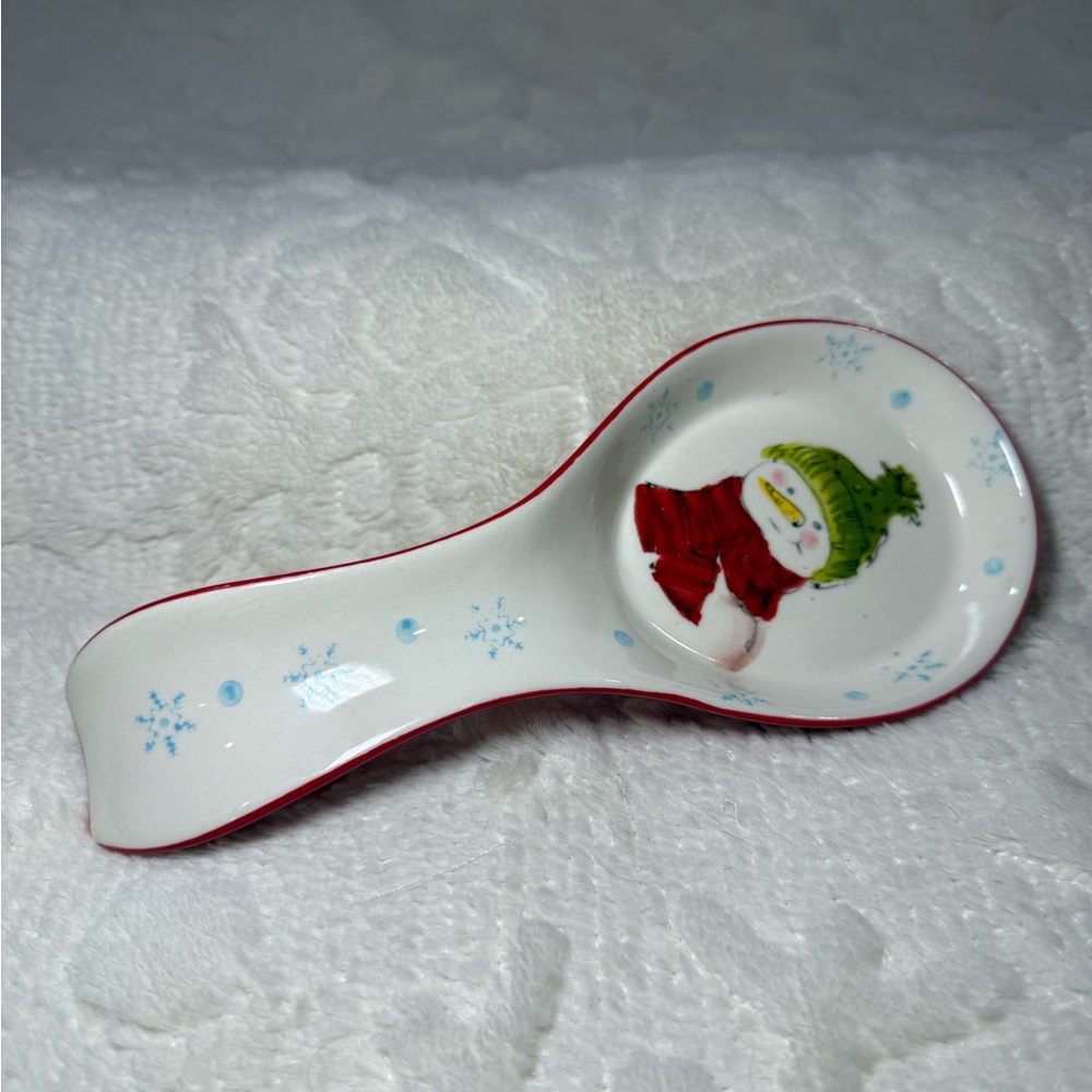 Potter’s Studio Snowman w/Green Hat & Red Scarf, Blue Snowflakes, & Red Accents